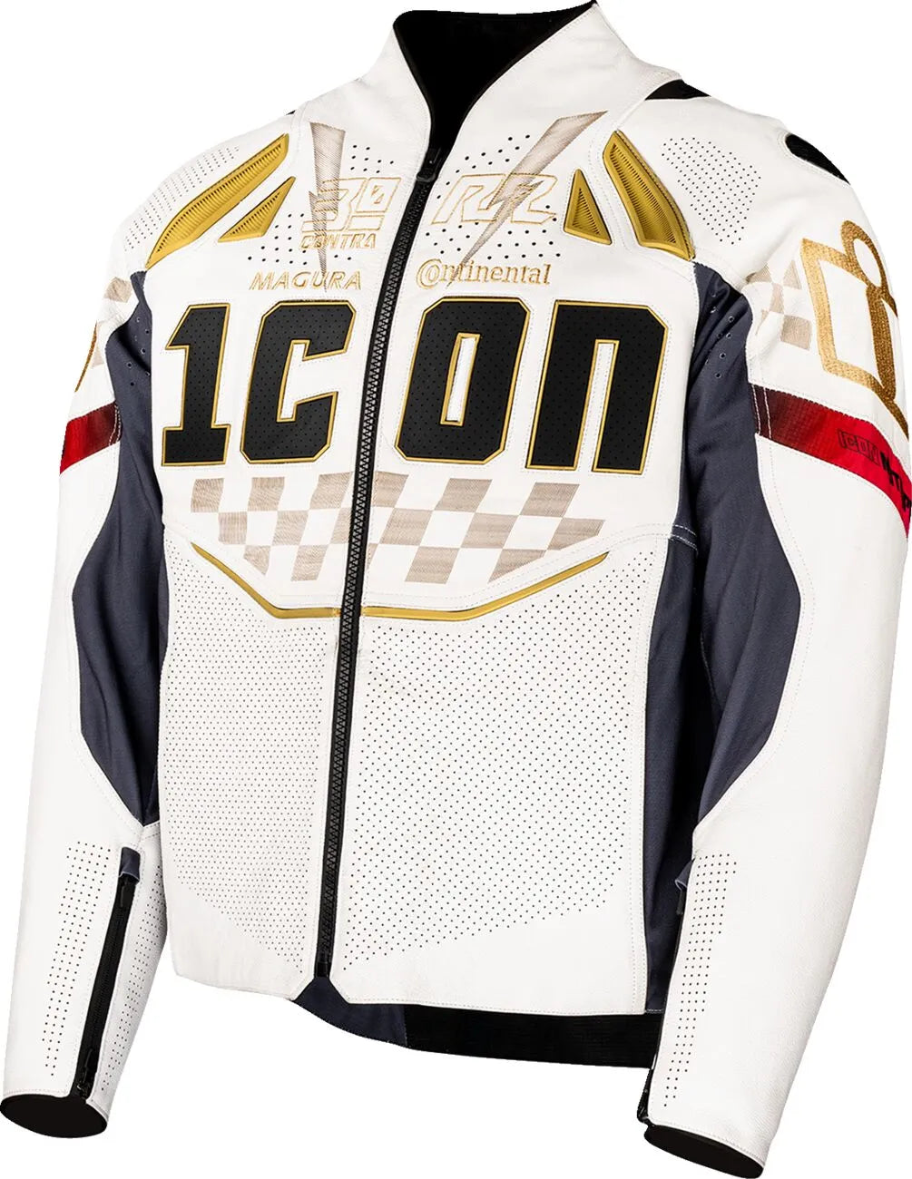 Icon Contra3™ Rizz Leder-Motorradjacke – Schwarz/Rot/Hellbraun/Weiß/Gelb