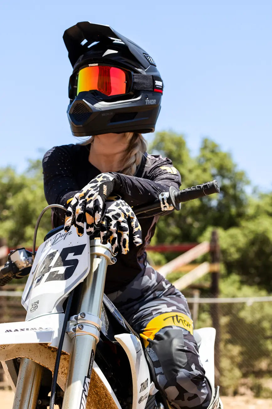 Thor Damen-Sportmode-Cheetah-Handschuhe – Schwarz/Orange/Hellbraun