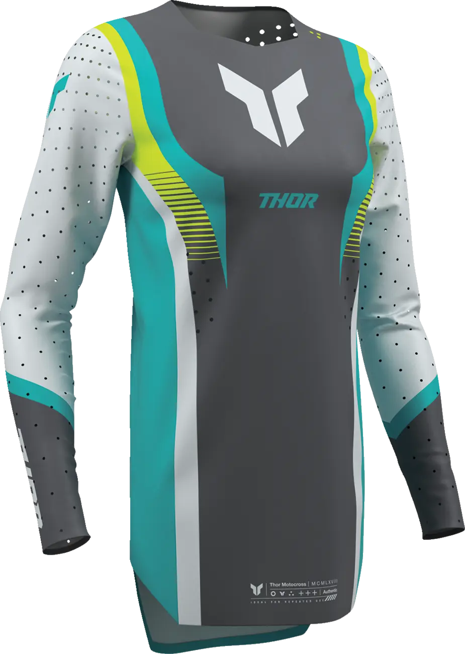 Thor Damen Sportmode Velocity Trikot – Grau/Weiß/Türkis/Fluoreszierendes Gelb